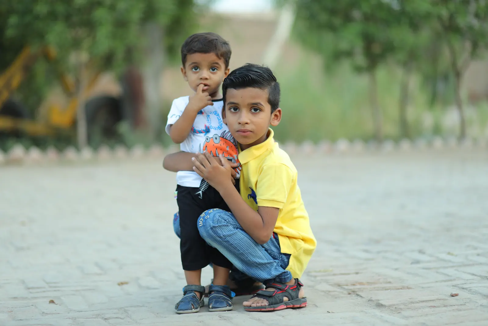 An older boy crouches with his arm around his toddler brother on a sunny paved lane