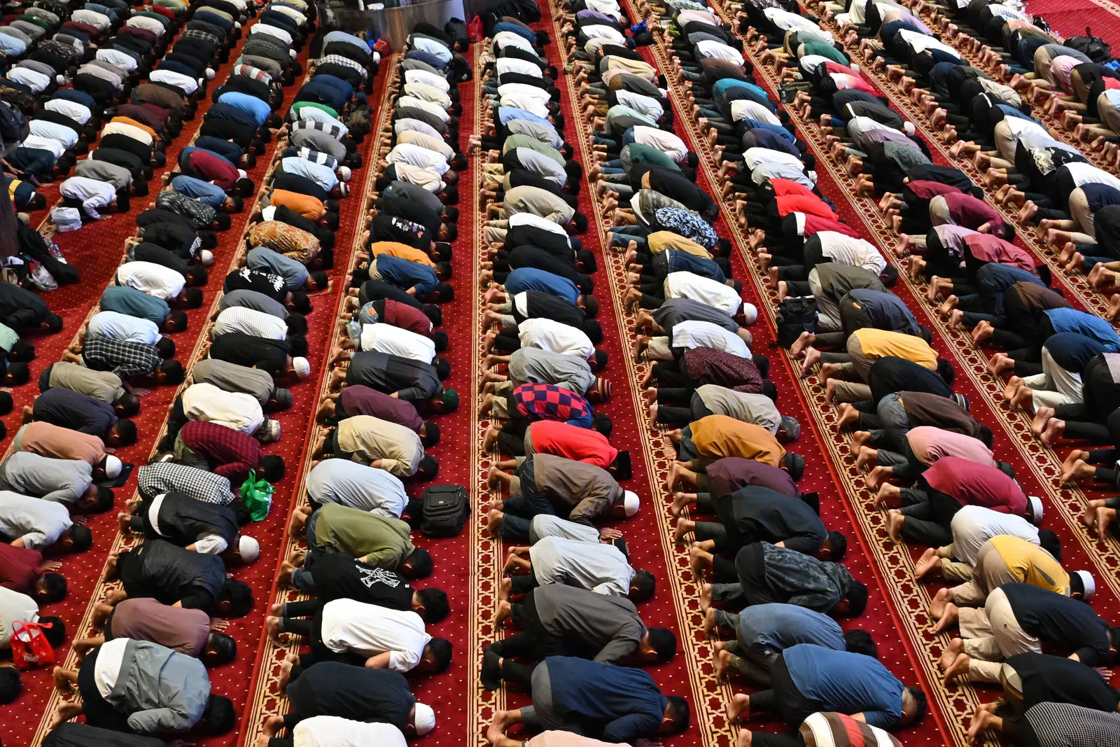 Rows of men and boys in prostration across a red-carpeted mosque floor, seen from above