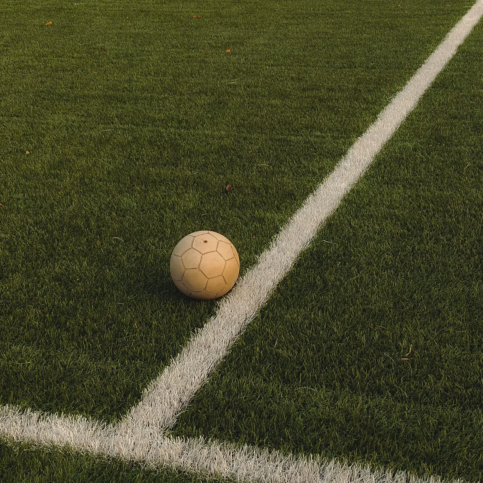A worn leather football sits on the white line of a green grass pitch