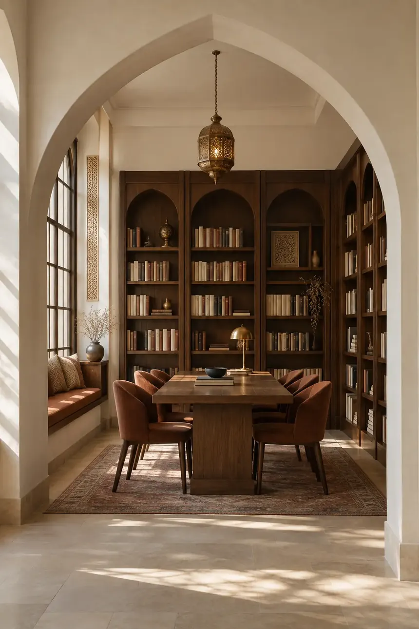 An empty school library alcove framed by a broad arch