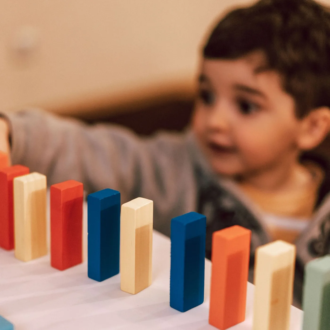 A young boy reaching across a table to line up painted wooden blocks in red, cream and blue, watching them closely