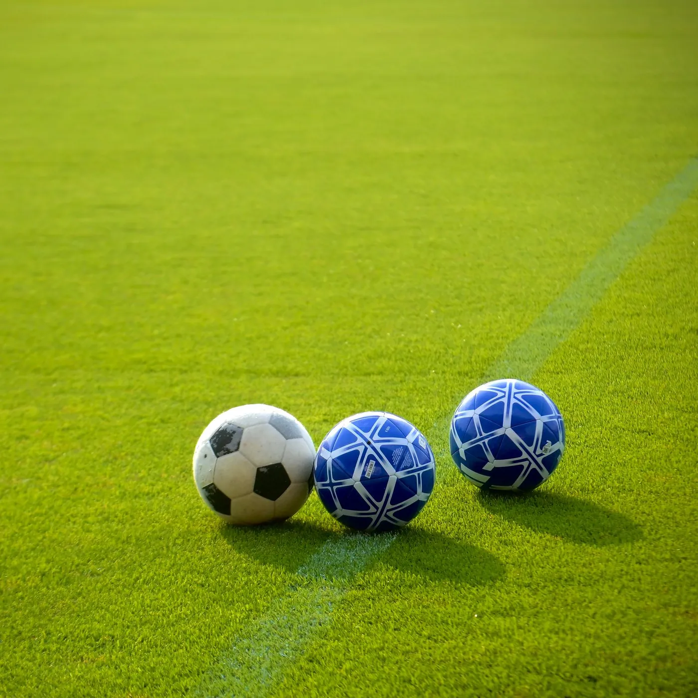 Three footballs, one white and two blue, resting on a sunlit grass pitch beside a painted white line