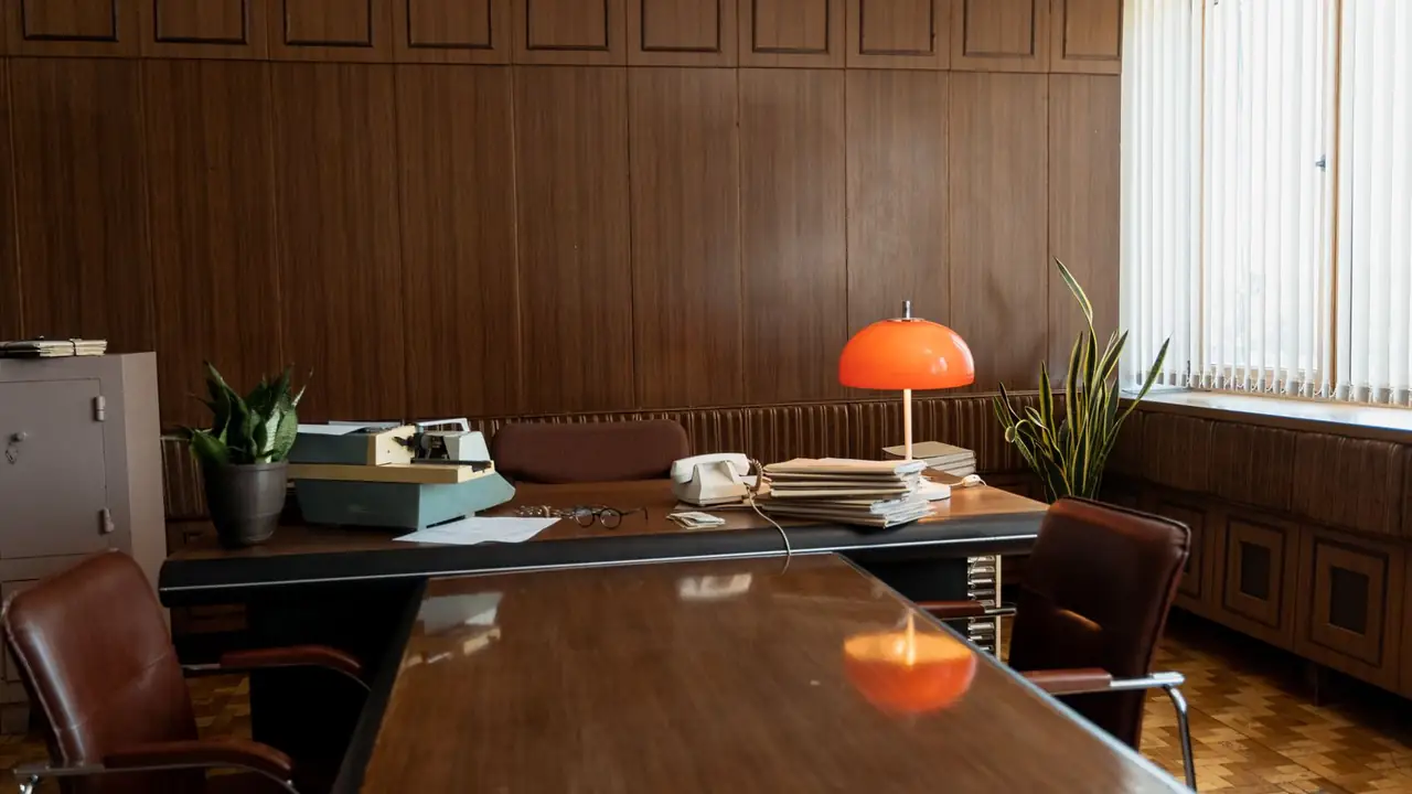 A mid-century walnut-paneled office, a visitor's chair drawn up to a broad desk with a cream rotary telephone, stacked folders and a lit orange lamp.