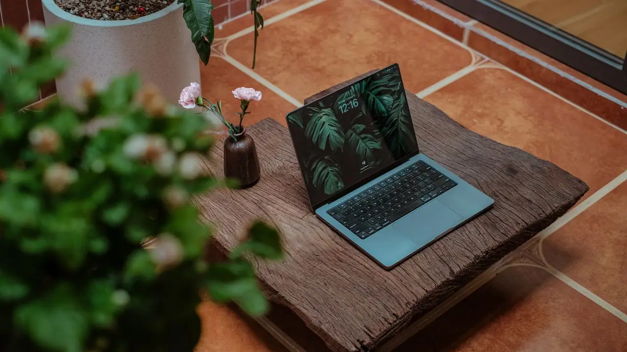 An open laptop on a rough-sawn timber slab over terracotta floor tiles, with a flowering plant blurred in the foreground.