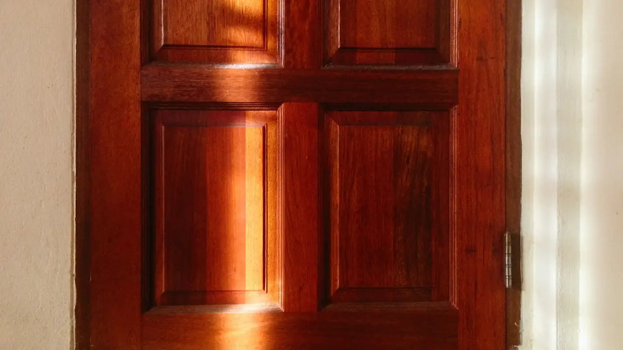 A paneled mahogany door with a shaft of daylight falling across it and a brass hinge at the right.