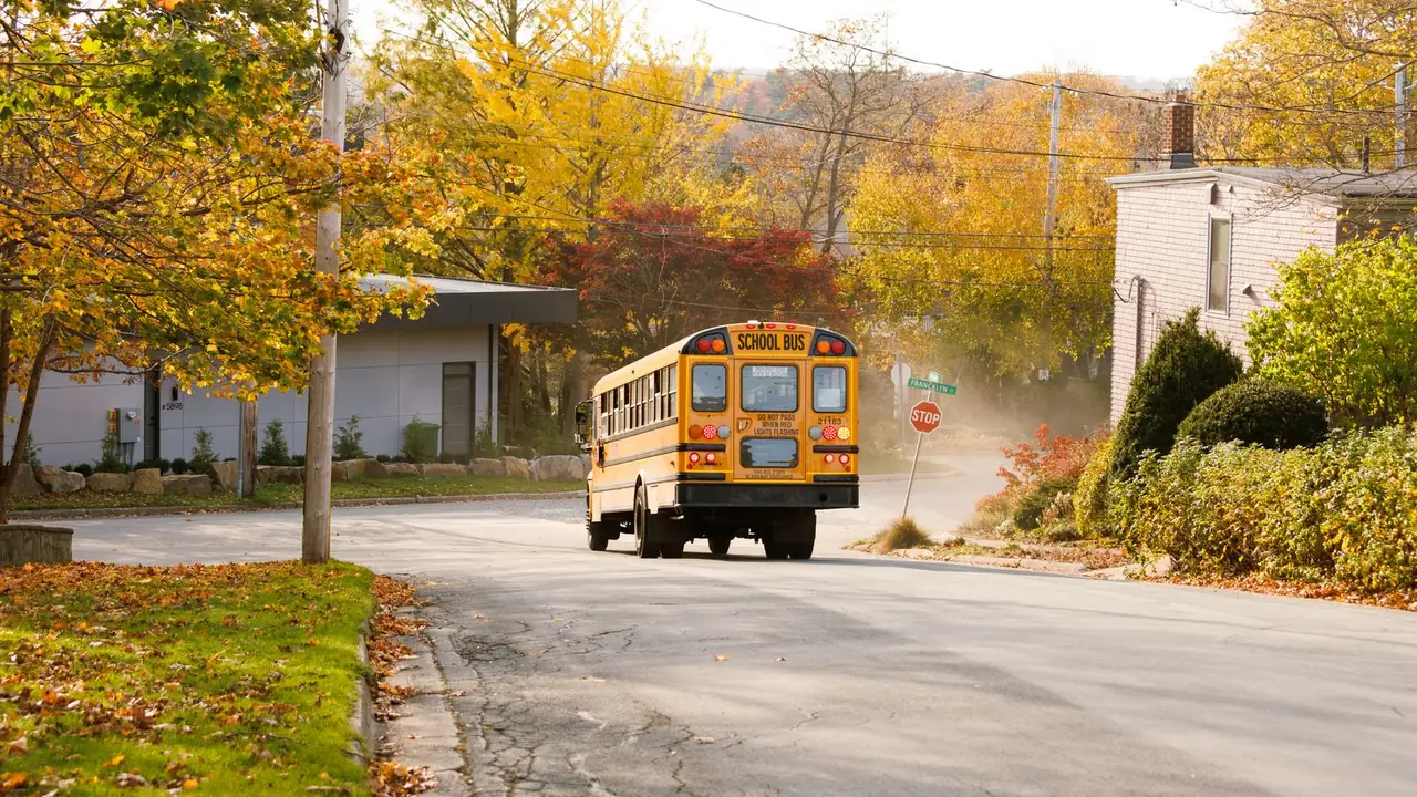 A yellow school bus pulling away down a residential street under a full autumn canopy of gold and rust foliage.
